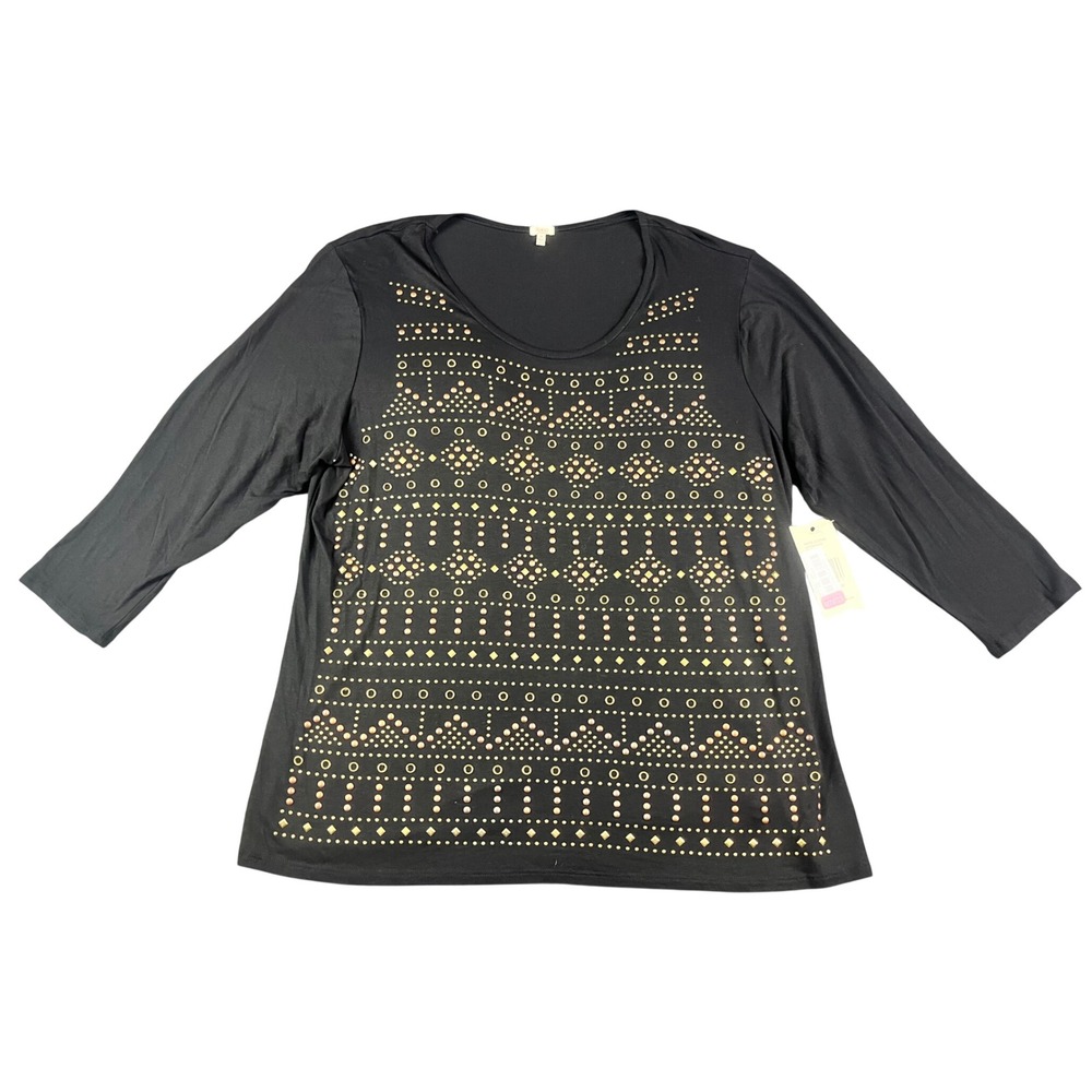 Reba Woman Black Studded Geometric Long Sleeve Top 2X NWT Made in USA